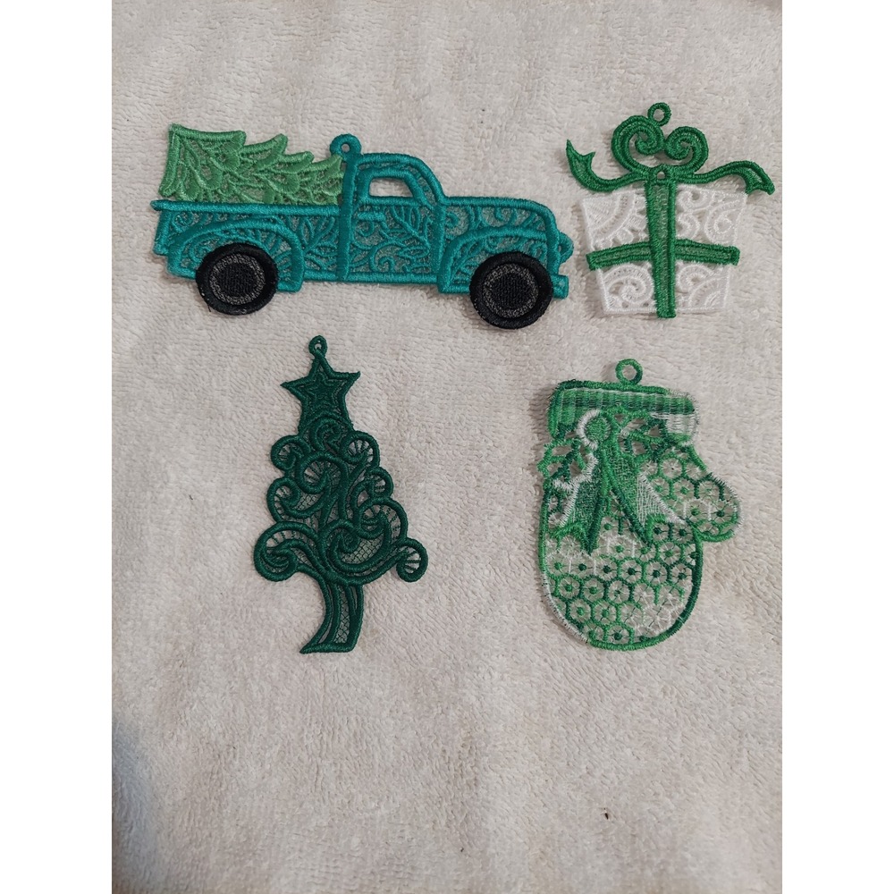 Christmas Truck Tree Present Mitten Embroidered‎ Ornament Set